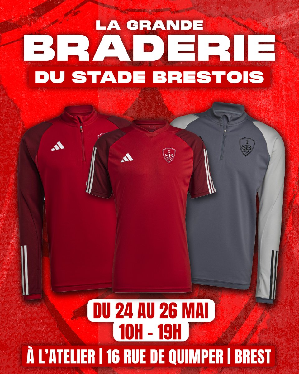 📆 À noter dans vos agendas ! 👉 Grande braderie à l'Atelier du Club du 24 au 26 mai. ☀ L'occasion de faire le plein de textile Stade Brestois avant les vacances.