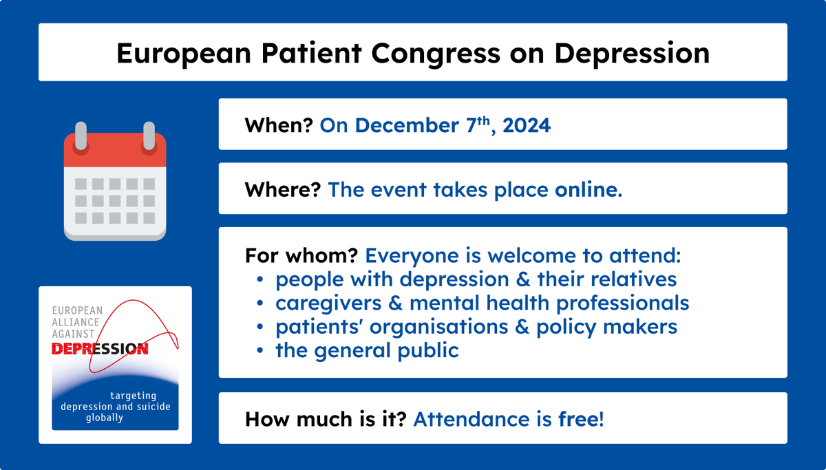 📆On December 7th, 2024, @EAAD_Research hosts the first European Patient Congress on Depression!

Expect a forum for discussion & experience sharing and lectures & workshops by mental health experts to ask questions about depression & suicidality. #BetterTogether

📢Stay tuned!