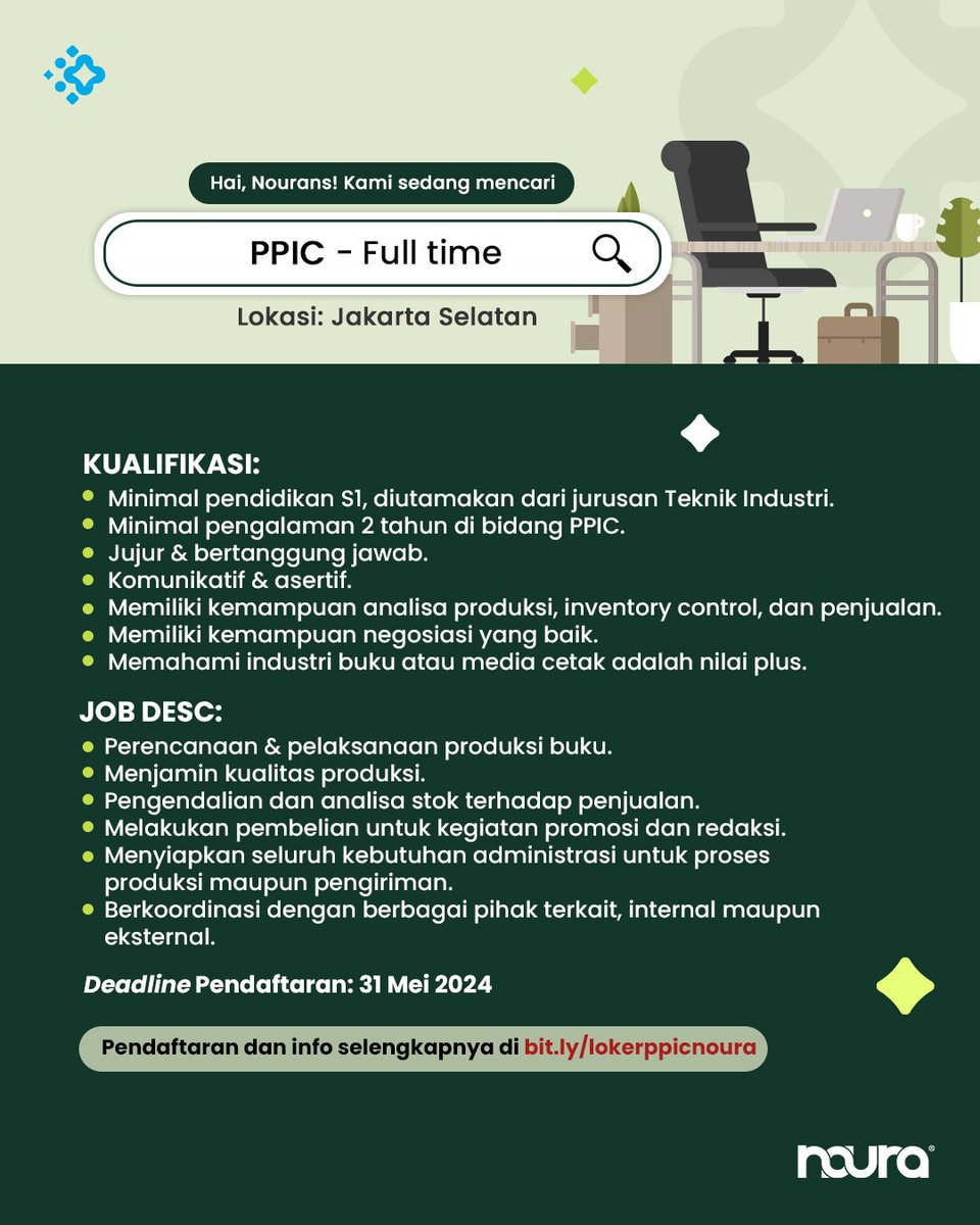 LOWONGAN PEKERJAAN NOURA PUBLISHING🥳 Kalau kamu tertarik dengan dunia penerbitan dan percetakan, yuk daftar jadi PPIC (Production, Planning and Inventory Control) di Noura Publishing!😄 Deadline pendaftaran: 31 Mei 2024 Daftar di sini: bit.ly/lokerppicnoura