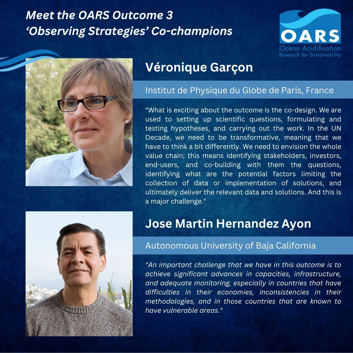 🛰️ Meet our OARS Outcome 3 Dream Team, leading co-designed observation strategies with data producers and end-users. Join Véronique Garçon and Jose Martin Hernandez Ayon's interdisciplinary  group. Contribute to ocean acidification solutions. Learn more: buff.ly/3WxJmM0