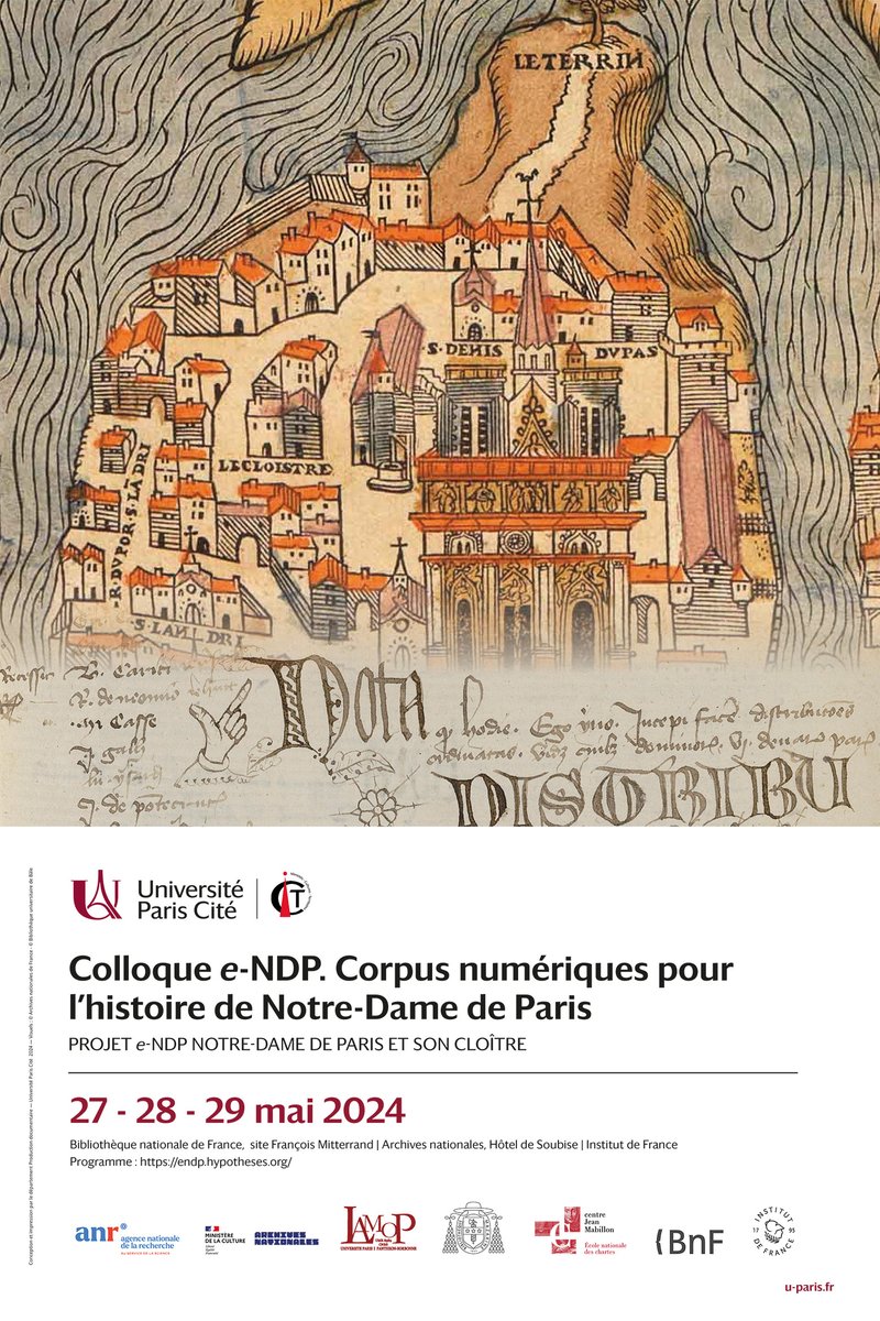 Colloque e-NDP. Corpus numériques pour l'histoire de Notre-Dame de Paris 📅Du 27 au 29 mai 2024 👉Programme : shorturl.at/oGO6N