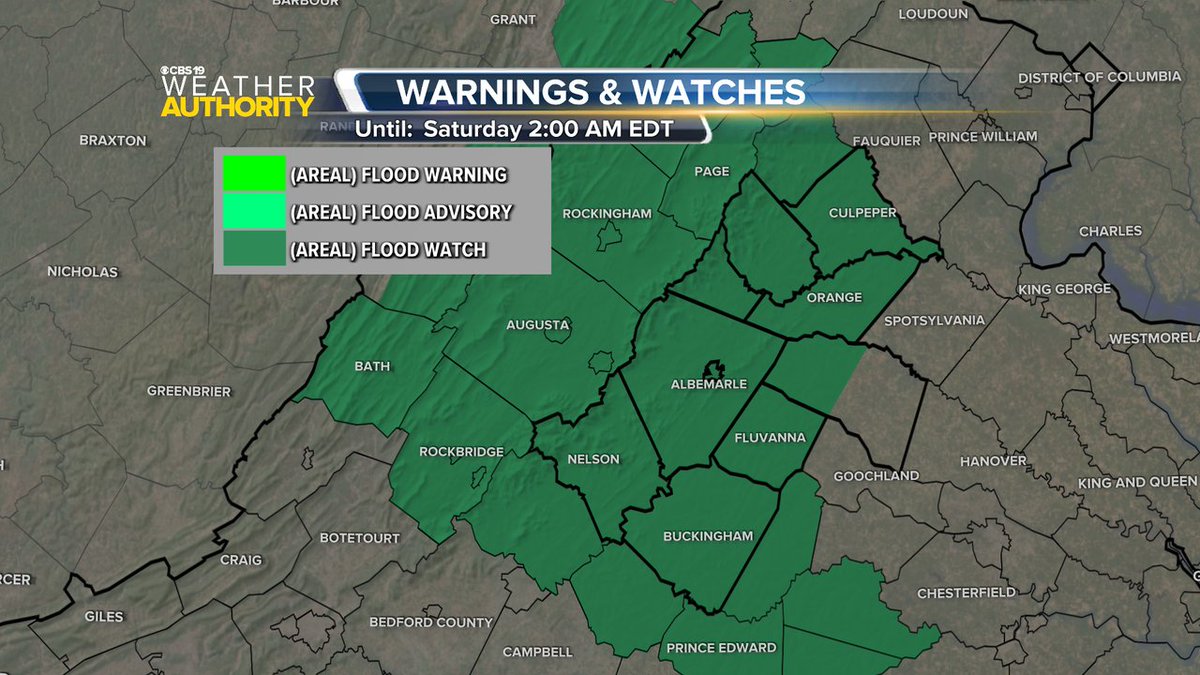 A Flood Watch is now in effect until May 18 10:00AM for the following counties: Fluvanna, Prince Edward, Lunenburg, Nottoway, Louisa, Amelia, Cumberland. Flooding is possible in the watch area. #vawx