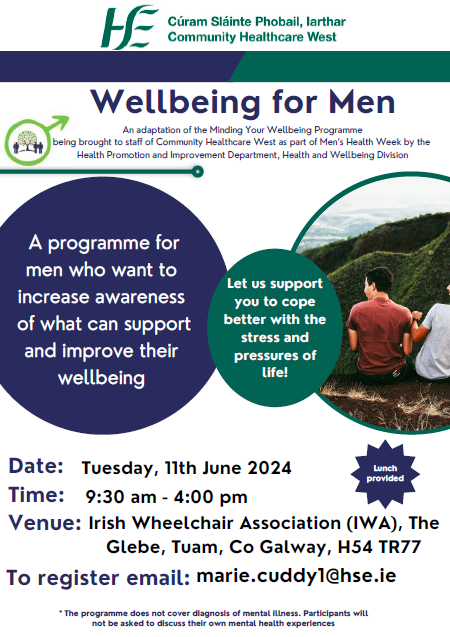 As part of #MensHealthWeek2024 the Health Promotion & Improvement Dept are holding a 1 day 'Wellbeing for Men' workshop for men working in HSE @CHO2west on Tues 11th June 2024 To register, email: marie.cuddy1@hse.ie #KnowYourNumbers #MensHealthCounts @HealthyIreland @HsehealthW