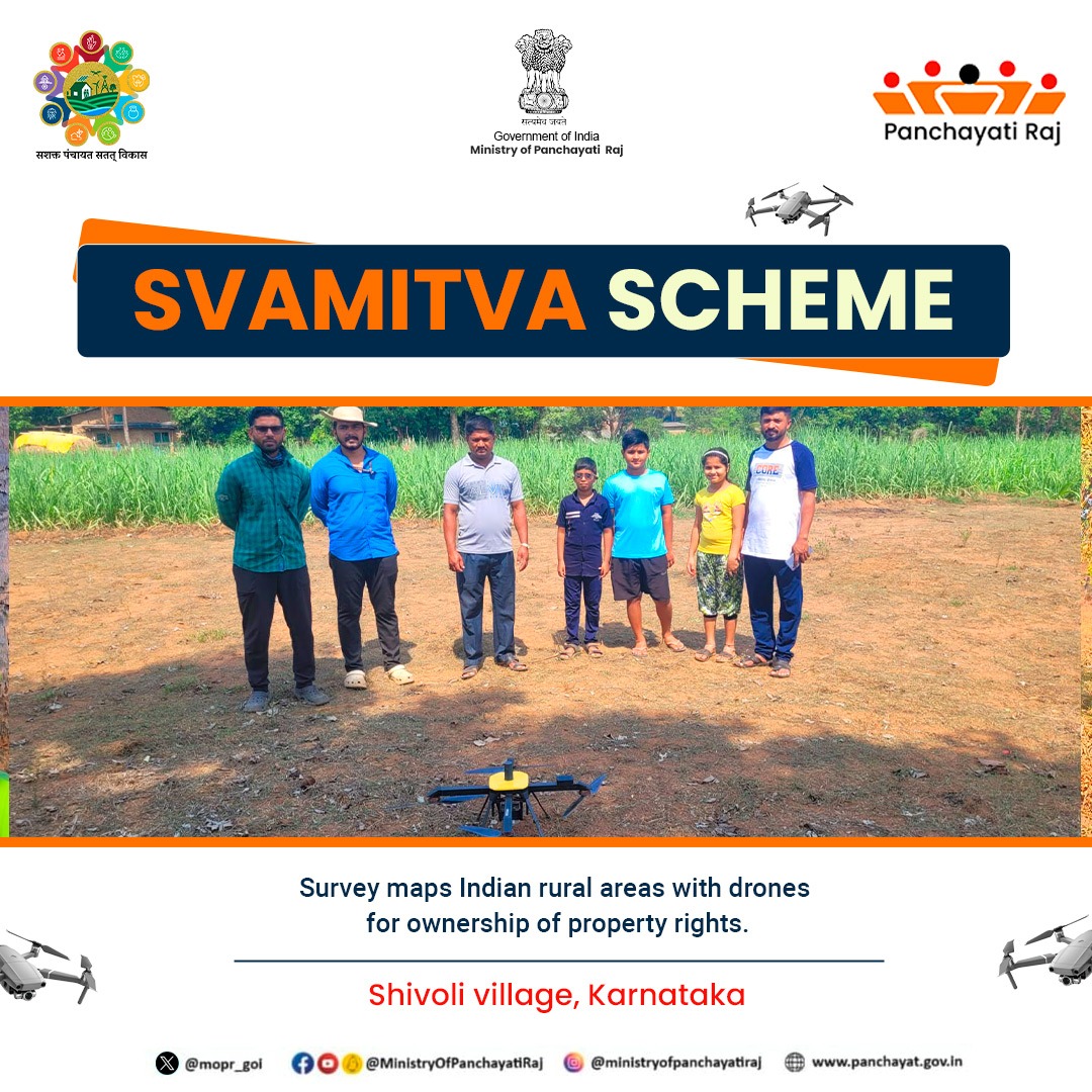 #DroneFlying operations under the #SVAMITVA_Scheme have begun in #Shivoli village, #Belagavi district, Karnataka. This initiative assists in accurately delineating inhabited land in rural areas throughout India. #स्वामित्व_योजना #MeriSampattiMeraHaq