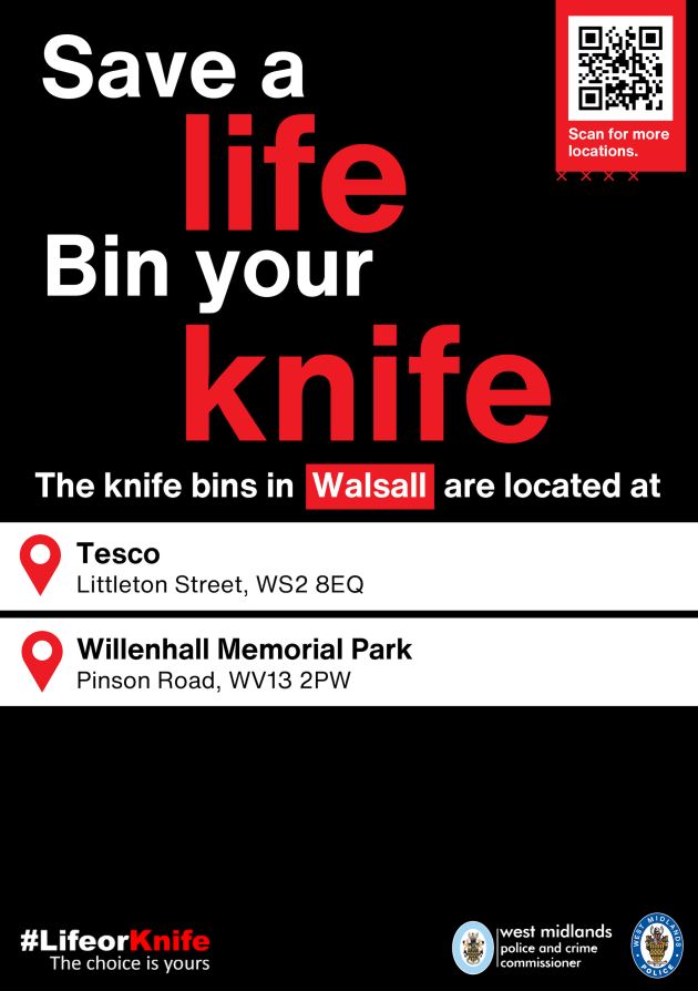 There are many knife surrender bins across the West Midlands including here in #Walsall for you to ditch knives anonymously. Bin locations can be found here: lifeorknife.west-midlands.police.uk/advice-for-you… Search #LifeorKnife #Sceptre