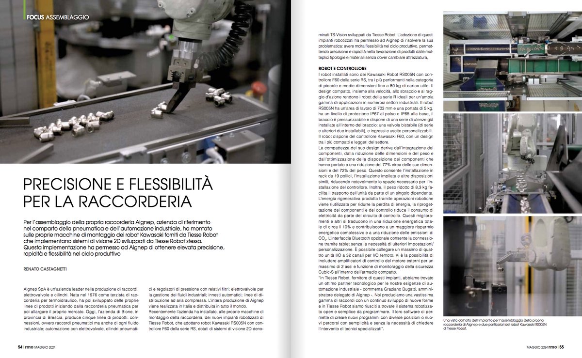 meccanica_plus's tweet image. L’installazione di #robot #Kawasaki forniti da #TiesseRobot per montaggio della #raccorderia di #Aignep, con l’ausilio di sistemi di #visione 2D sviluppati dalla stessa Tiesse Robot. L’articolo nel Focus #Assemblaggio su #RMO di maggio.
#automazione 
tech-plus.it/brochure/rmo/2…