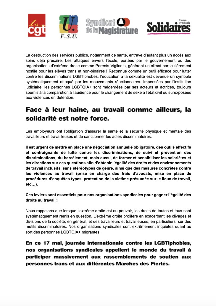 En ce 17 mai, journée internationale contre les LGBTIphobies, nos organisations syndicales appellent à se mobiliser.