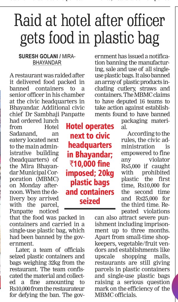 Hats off to @My_MBMC Addl.Comm. Dr.Patpatte for penalising a hotelier for using single-use plastic bags/containers. In Mumbai this is a norm, rather than exception to use reusable bags. Urge @mybmc @MumbaiPolice @maharashtra_hmo to take stringent action against violators. @dna