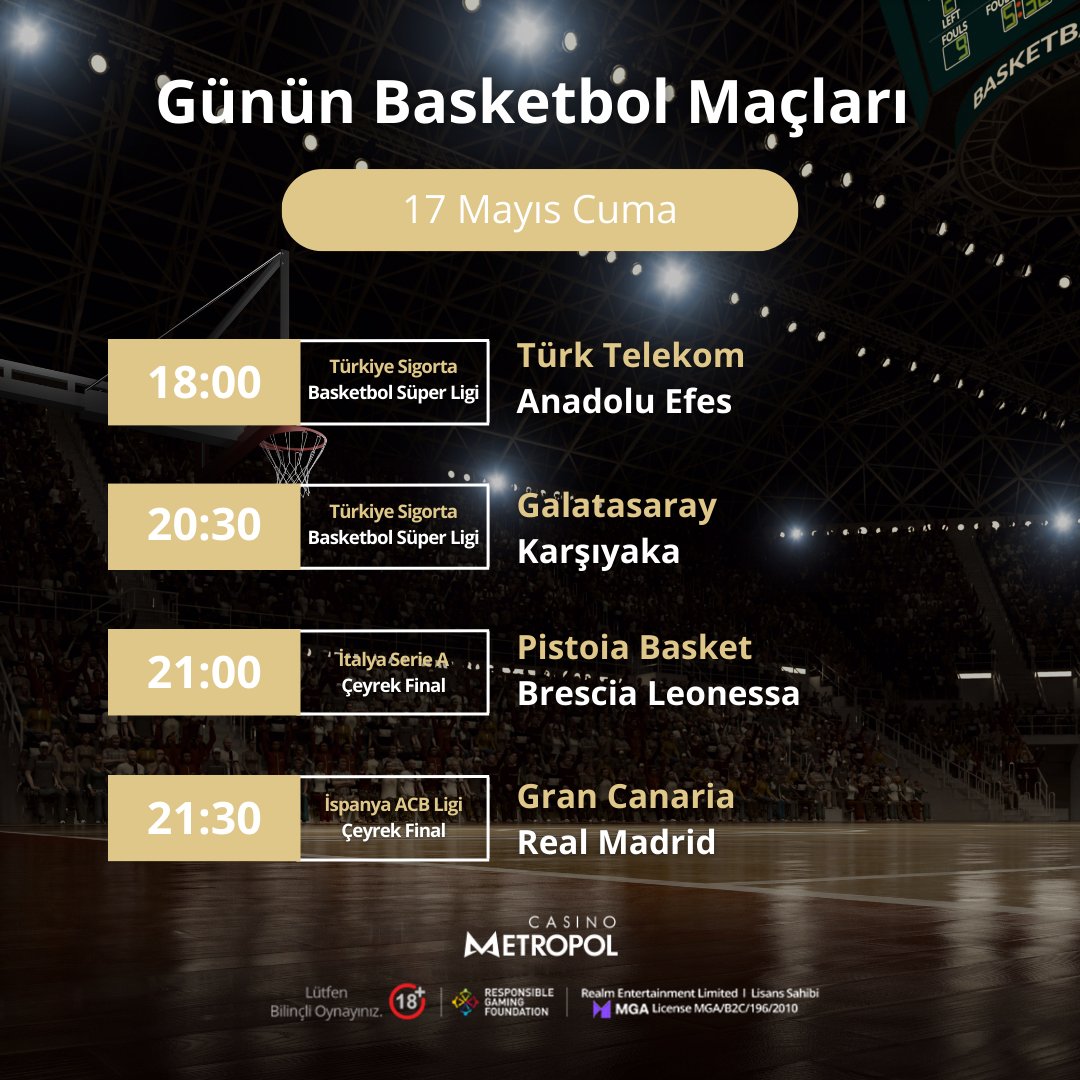 🏀 Basketbol Süper Ligi çeyrek finalinin ikinci maçında Karşıyaka ve Galatasaray karşı karşıya geliyor! Basketbolun heyecanını #CasinoMetropol'de yaşa! Casino Metropol Giriş: bit.ly/3BIuxdY