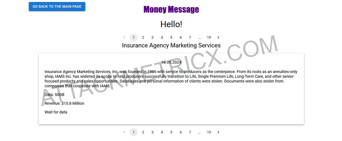 🚨 #Ransomware Alert: The group 'moneymessage' has targeted Insurance Agency Marketing Services.

The incident was discovered on May 16, 2024.

Data publication deadline set by 'moneymessage' Deadline May 16, 2024.

#moneymessage #attackmetricx #cymetricx #darkweb #threatintel