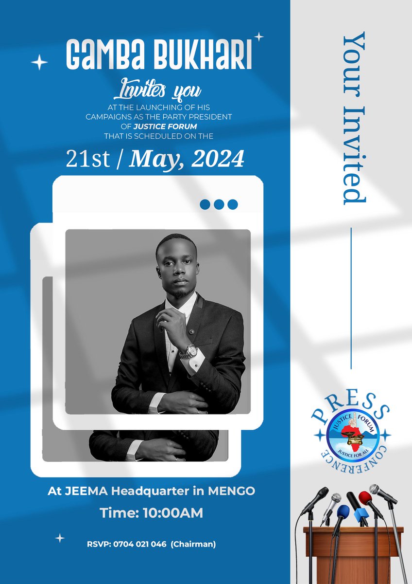 The wait is no more. Mark your calendar. 21st May. Next week on Tuesday. All roads will be closed as we honour our Own Fresh Blood, the firt Youth Presidential Candidate in <a href="/jeema256/">Justice Forum (JEEMA)</a> 
#GAMBAForPresidency 
#jeema #uganda #JummMubarak