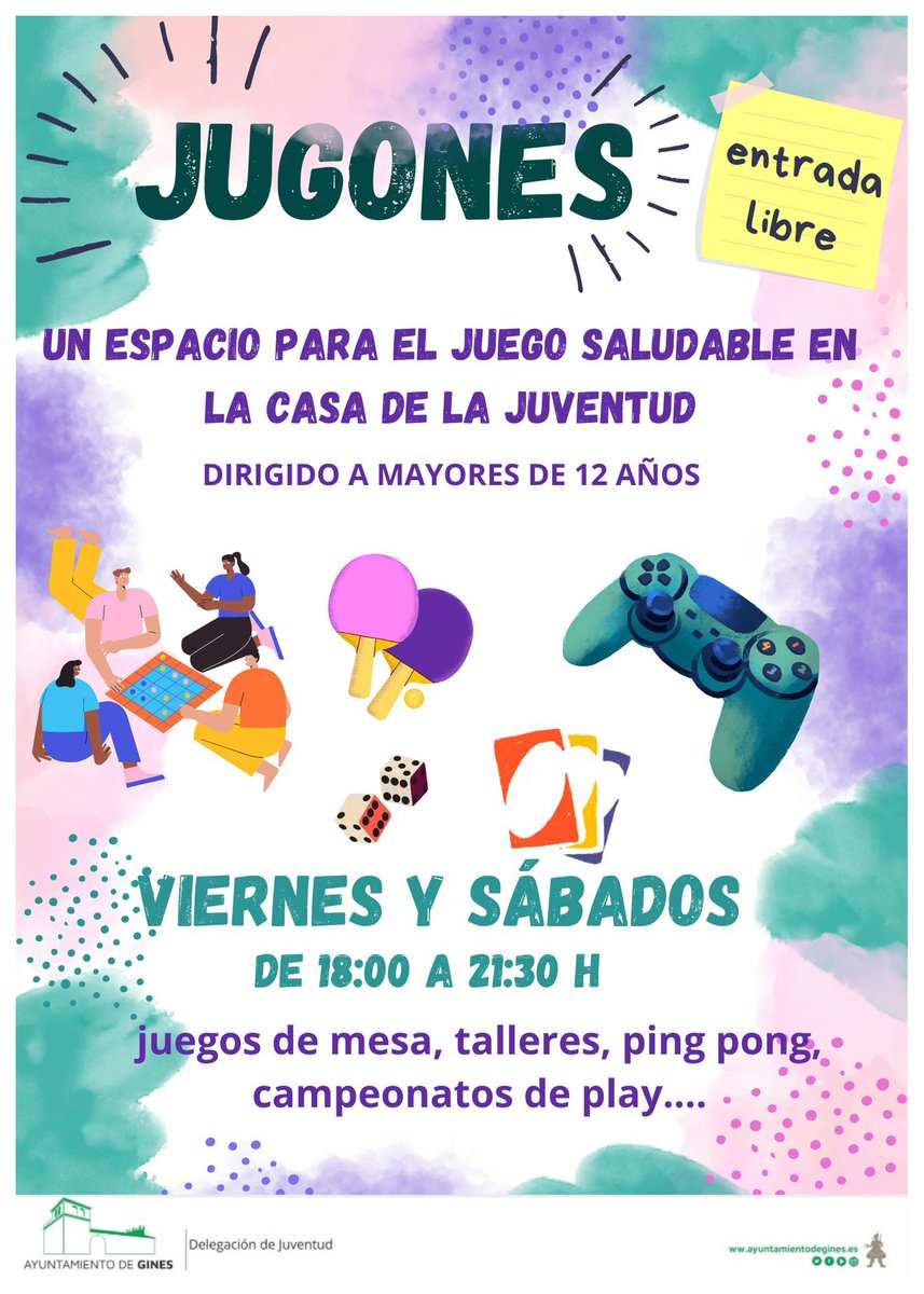 ¿Conoces Jugones? 🤔 Disfruta de este nuevo espacio de ocio saludable para jóvenes en la Casa de la Juventud 🏓🕹 ➡ Para jóvenes a partir de 12 años. ➡ Entrada gratuita. 📌 Casa de la Juventud, V- S de 18h a 21:30h. ℹ️ ayuntamientodegines.es/2024/05/08/abr… #SienteGines #GinEsJuventud