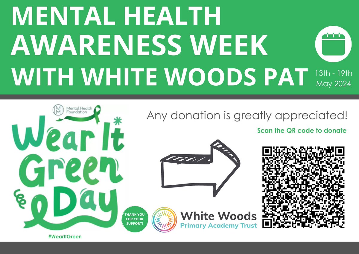 Today across White Woods PAT we are 'Wearing It Green' for @mentalhealth awareness week! Such an important charity to raise awareness & funds for .. if you'd like to donate, please visit our Just Giving Page! #WearItGreen 💚🫶😊 justgiving.com/page/white-woo…