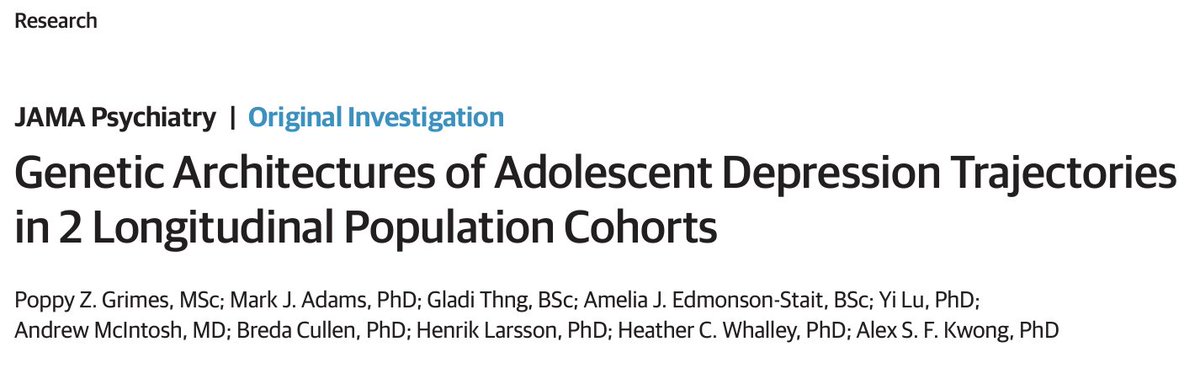 I am delighted to announce my first first-author paper has just been published in @JAMAPsych! 🧬📈‘Genetic Architectures of Adolescent Depression Trajectories in 2 Longitudinal Population Cohorts’. Link to paper: ja.ma/4bkGsPj and a 🧵of our key findings below…