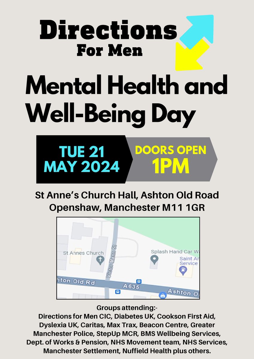 Join Directions For Men next week on Tuesday 21st at 1pm for a Mental Health and Well-Being Day at St Anne's Hall! 
#MentalHealthAwarenessWeek #Manchester <a href="/Directions4Men/">DirectionsForMen</a>