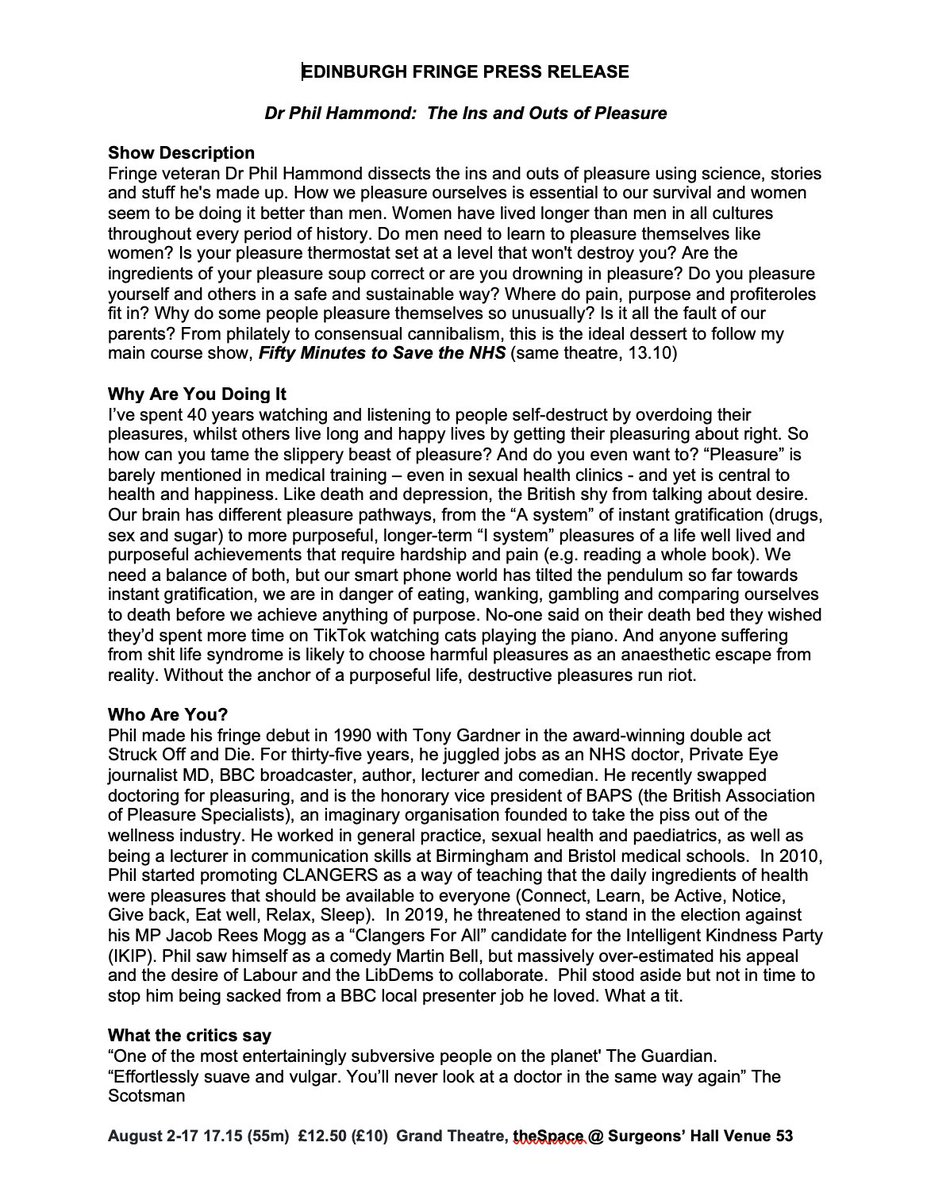 Here's the draft press release for 'The Ins and Outs of Pleasure'. Looks like a fabulous show, if I say so myself. Please let me know how you pleasure yourself in a safe and sustainable way, and I'll add it to my recommended pleasuring list. For links to warm up shows and