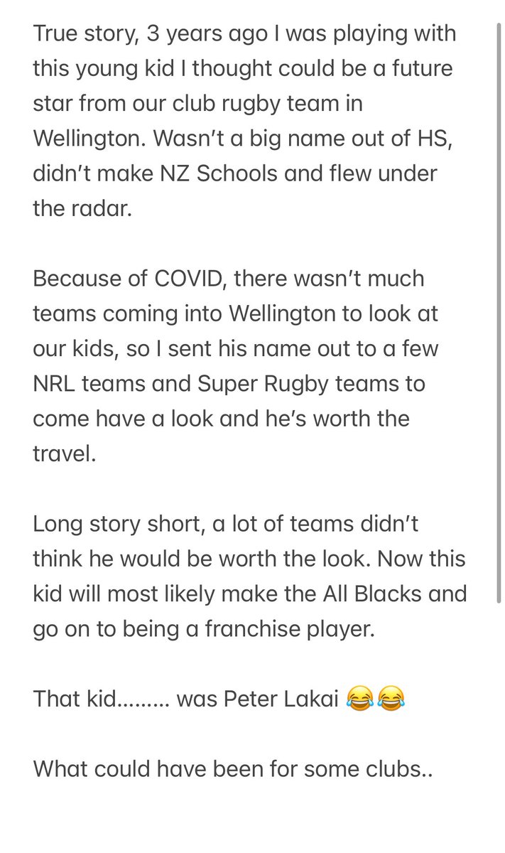 Watching <a href="/Hurricanesrugby/">Hurricanes Rugby</a> tonight and can’t help but have a big smile watching Petone Villager Peter Lakai dominate. But it did make me laugh thinking back to what could have been for some other <a href="/SuperRugby/">Super Rugby Pacific</a> or <a href="/NRL/">NRL</a> teams. 

Story time: