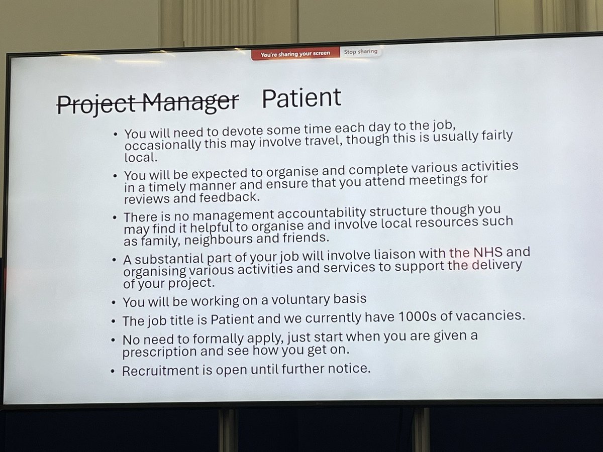 The job spec for the patient as project manager. Team with healthcare professionals and wider system to get good or less good outcomes. Needs mindshift from us in healthcare. @MrGPrestwich #PRIMM24