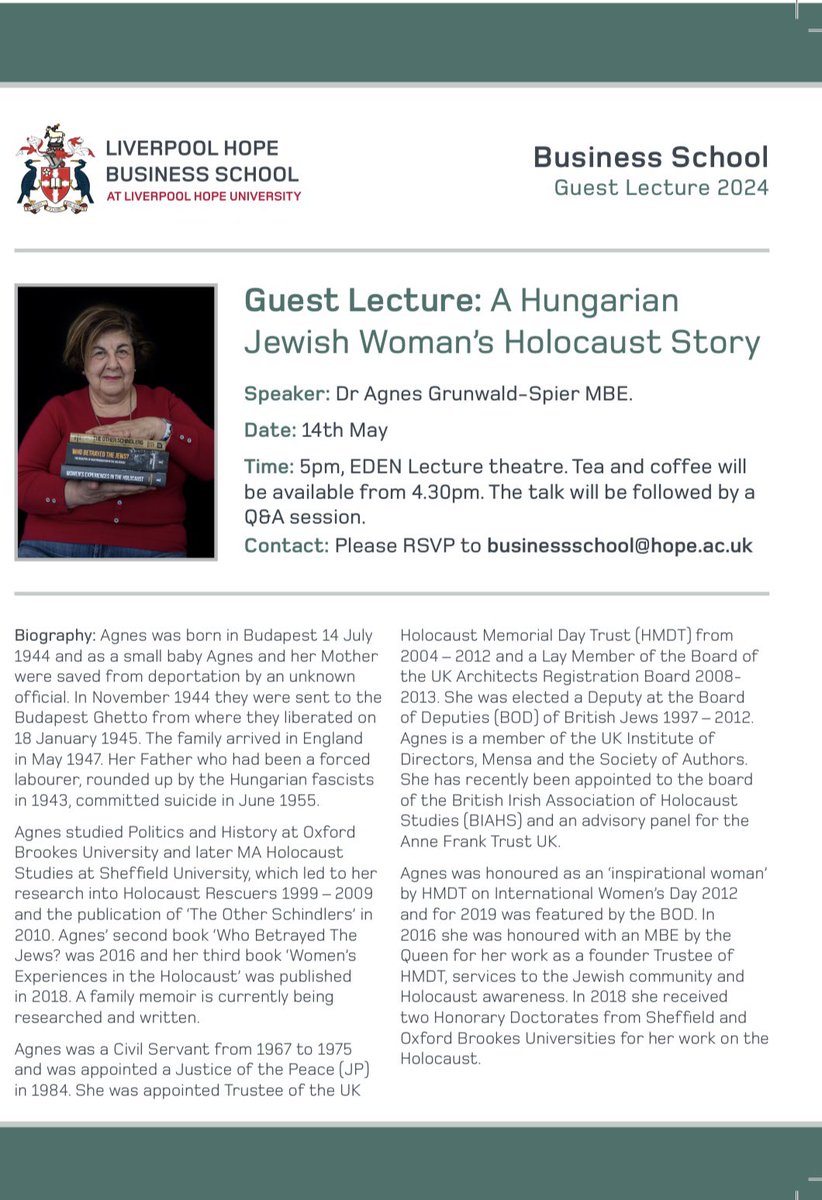 LHUBusinessUK's tweet image. This week in the Business School we had the wonderful @GrunwaldSpier presenting her personal, Hungarian Jewish Woman’s Holocaust Story. We thank you so much for sharing &amp;amp; to all of our guests who came. @KDHSLiverpool @LiverpoolHopeUK #LHBS #Hope #liverpool #Holocaust #comunity