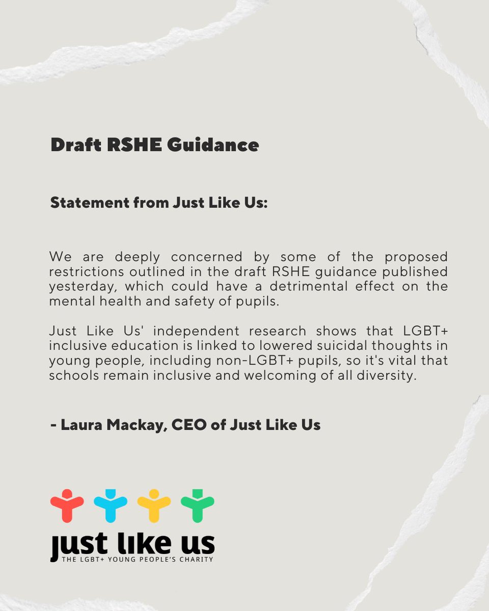 📢 Read our statement from Just Like Us CEO Laura Mackay on the new draft RSHE guidance published yesterday. Our research reveals that LGBT+ inclusive education reduces suicidal thoughts in all young people, highlighting the critical need for schools to remain inclusive.