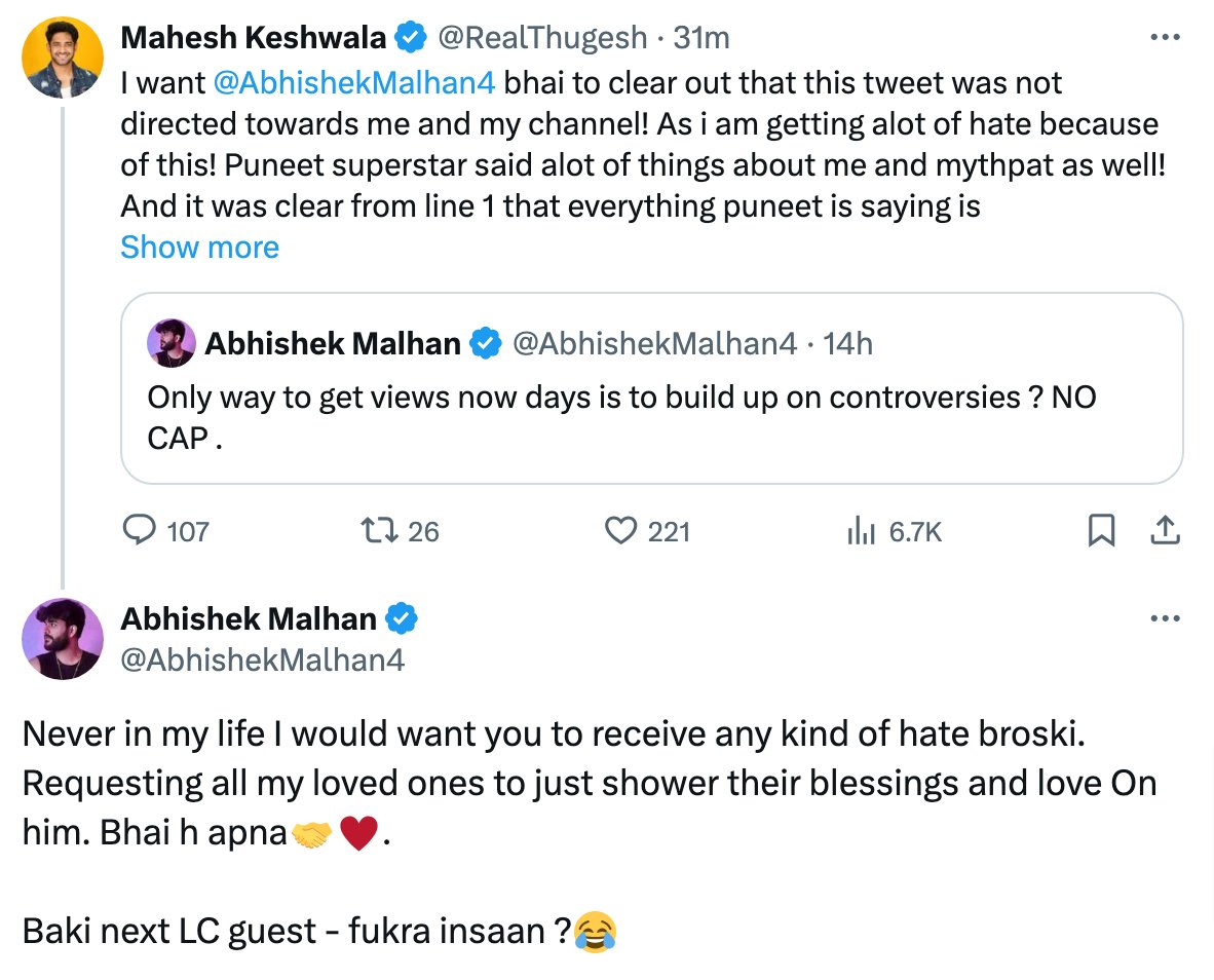#AbhishekMalhan Reacts To Recent Tweet Of #Thugesh