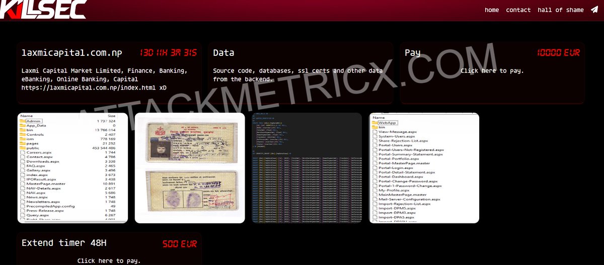 🚨 #Ransomware Alert: The group 'killsec' has targeted laxmicapital.com.np.

The incident was discovered on May 17, 2024.

Data publication deadline set by 'killsec' Deadline in 13 days.

#killsec #attackmetricx #cymetricx #darkweb #threatintel #darkmetricx