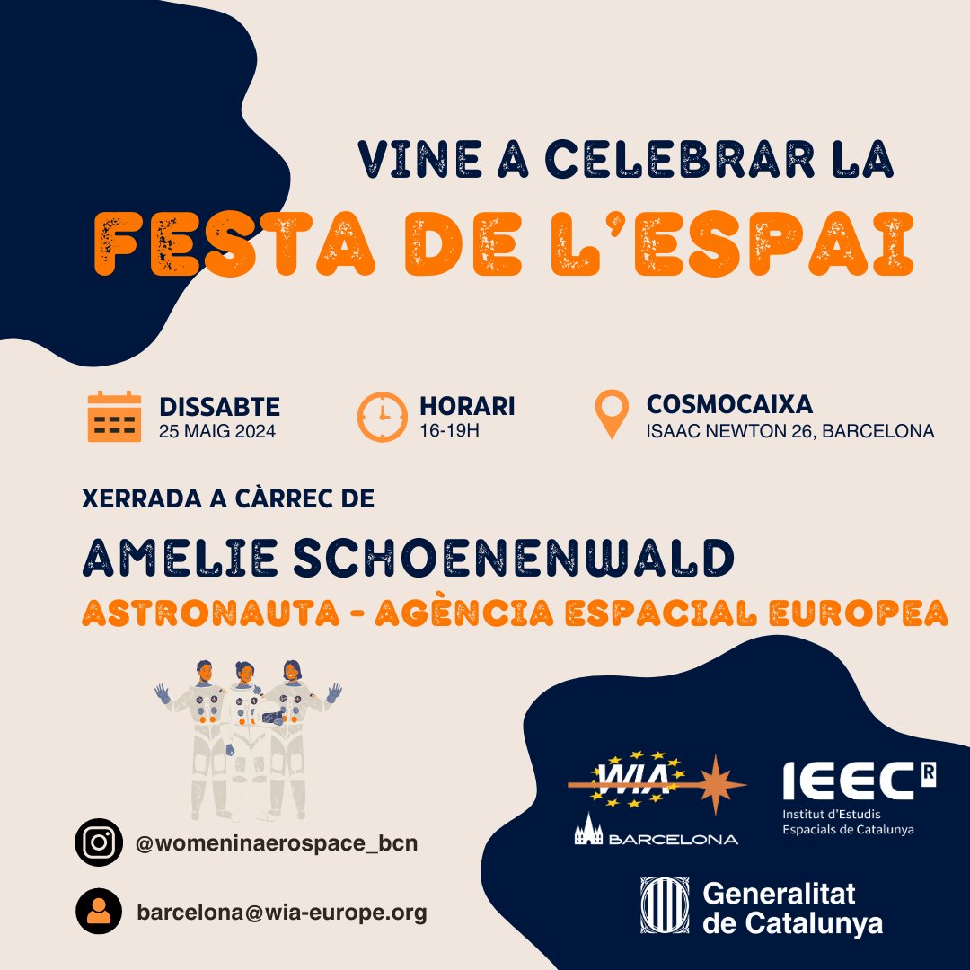 El 25 de maig no et perdis la Festa de l’#espai organitzada per @WIA_Europe - Barcelona amb la col·laboració de l’#IEEC i @gencat (@tic)! ✨

🚀 Un viatge captivador a través del cosmos on podràs connectar amb experts, intercanviar idees i fer xarxa.

Enguany amb una convidada
