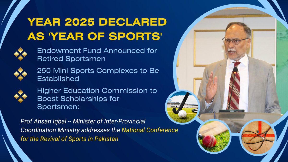 Pakistan launches a comprehensive plan to revive sports nationwide, including boosting scholarships, enhancing infrastructure, and declaring 2025 as the 'Year of Sports.' Minister Ahsan Iqbal leading the charge for a brighter sporting future! 👉For details