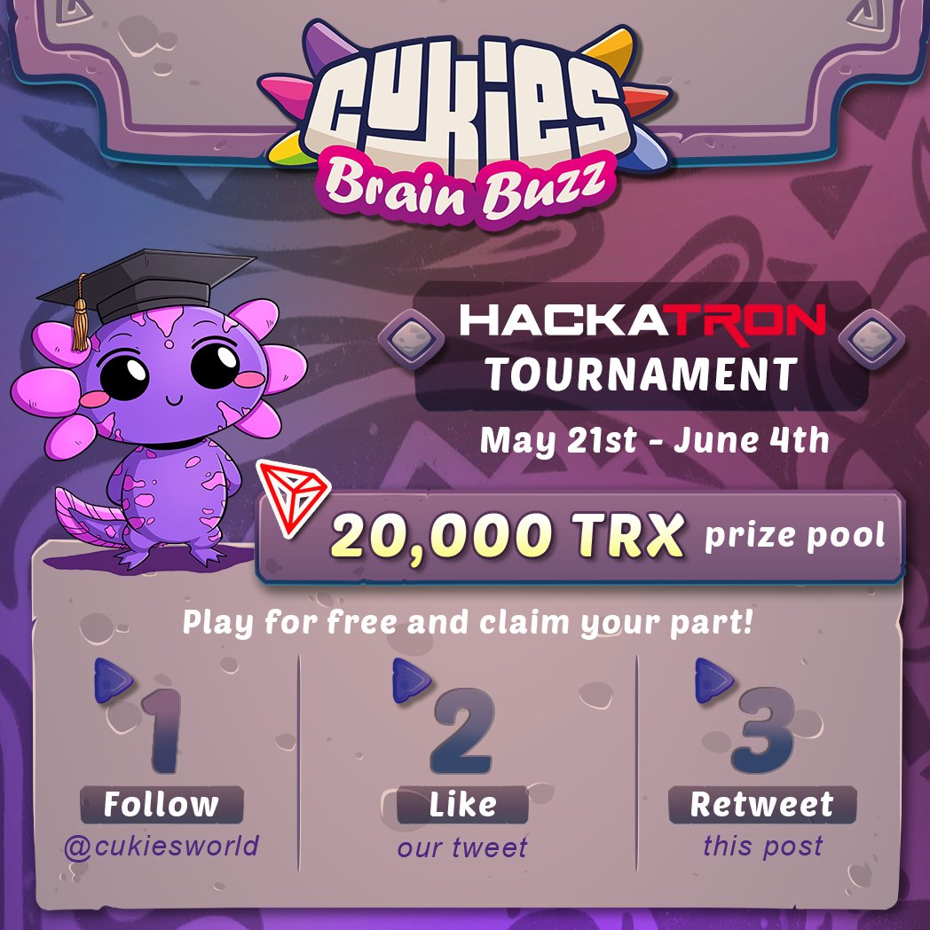cukiesworld's tweet photo. 🚨 Exciting News! 🚨

Join our Cukies Brain Buzz HackaTRON Tournament and test your trivia skills for a chance to win your share of 20,000 TRX in prizes! 🏆💰

To enter:
1. Follow us
2. Like this tweet
3. Retweet

Visit https://t.co/5dojjjuPGD for more info! 📚🧠 https://t.co/Xi2Wf7t9XA