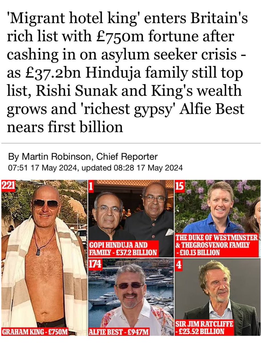 TRAITOR

The owner of ClearSprings Ready Homes, Graham King, has made The Times rich list due to his treacherous work of housing illegal immigrants. 

King is believed to be making £3.5million a day – all from the taxpayer - for accommodating and transporting illegals from the