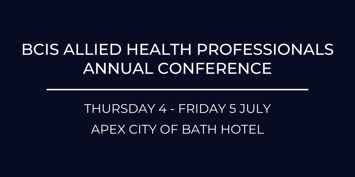 Talk titles at the @bcis_ahp Annual Conference are to include: Pathology of ACS ECG and Haemodynamics Pharmacology Overview TAVI Patient Planning Post-Procedural Recovery, Femoral Access Management, Skillset of Recovery Staff Register here: bit.ly/3W2QXC3