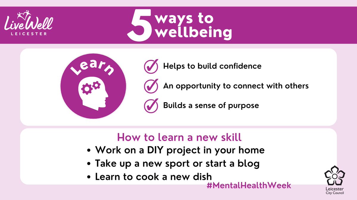 Learning a new skill or trying something different can make you feel accomplished and proud of yourself. It could be as simple as taking a new route to work or having something different for lunch! livewell.leicester.gov.uk/support/mental… #MentalHealthWeek