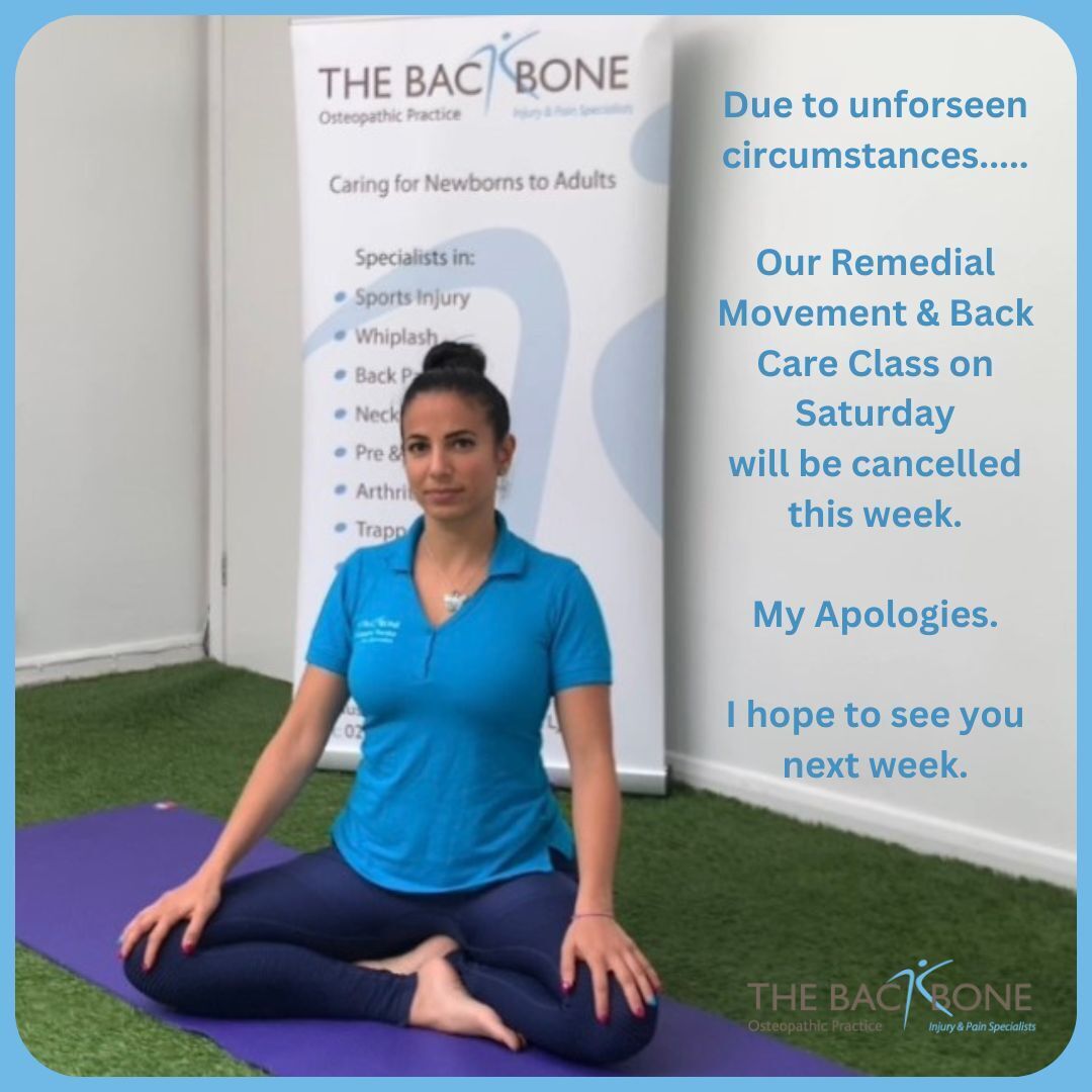I apologise for the late notice and any inconvenience caused, but due to unforseen circumstances, our Saturday Remedial Movement & Back Care Class will be Cancelled.

To re-book please click👉 bit.ly/RemedialMoveme…

#TheBackboneOsteopathy #painrelief #osteopathy #treatment #sel