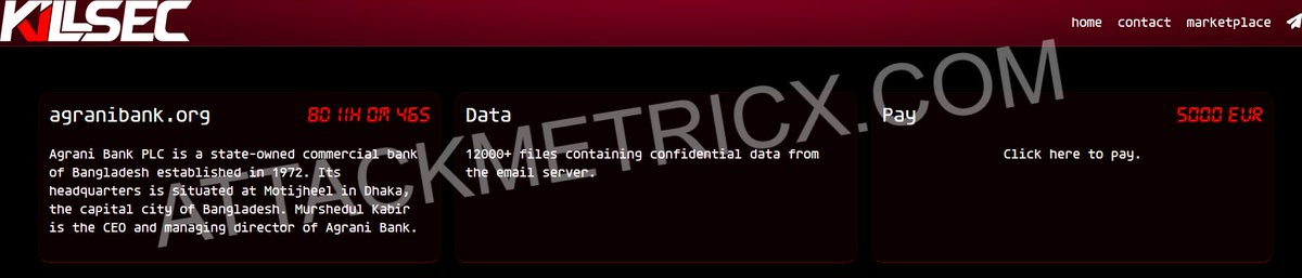 🚨 #Ransomware Alert: The group 'killsec' has targeted agranibank.org.

The incident was discovered on May 17, 2024.

Data publication deadline set by 'killsec' Deadline in 8 days.

#killsec #attackmetricx #cymetricx #darkweb #threatintel #darkmetricx