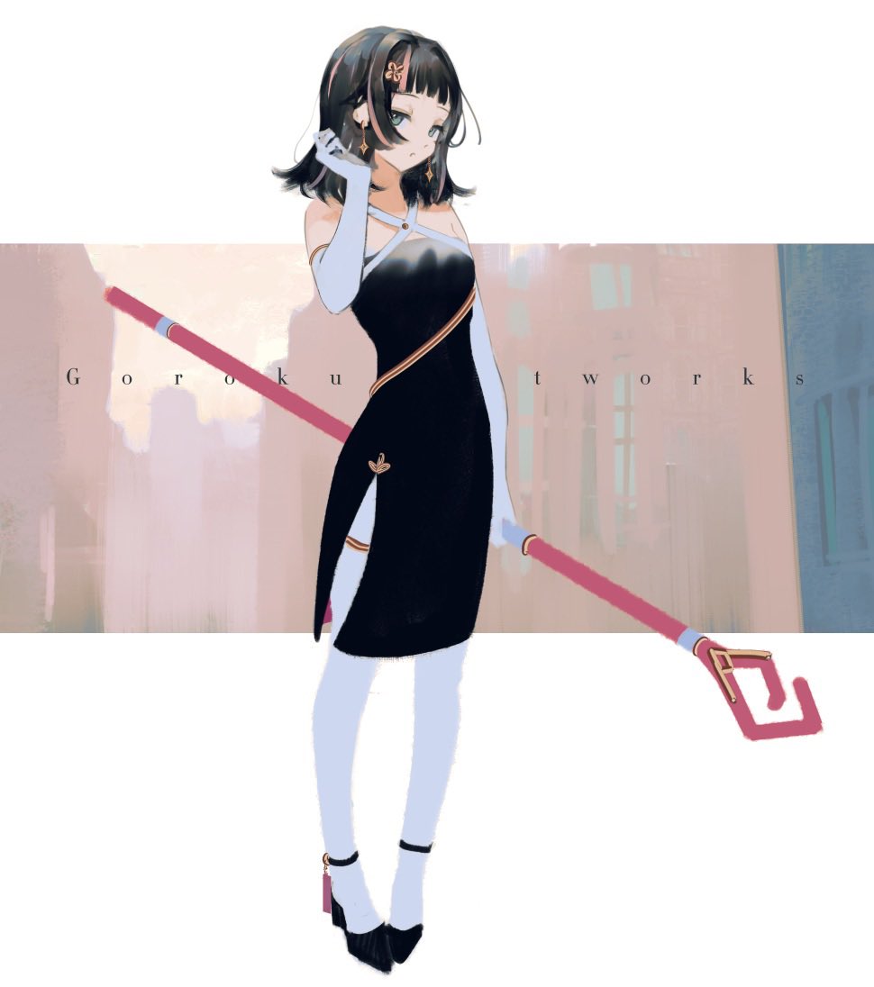 1girl solo black hair hair ornament gloves dress thighhighs  illustration images