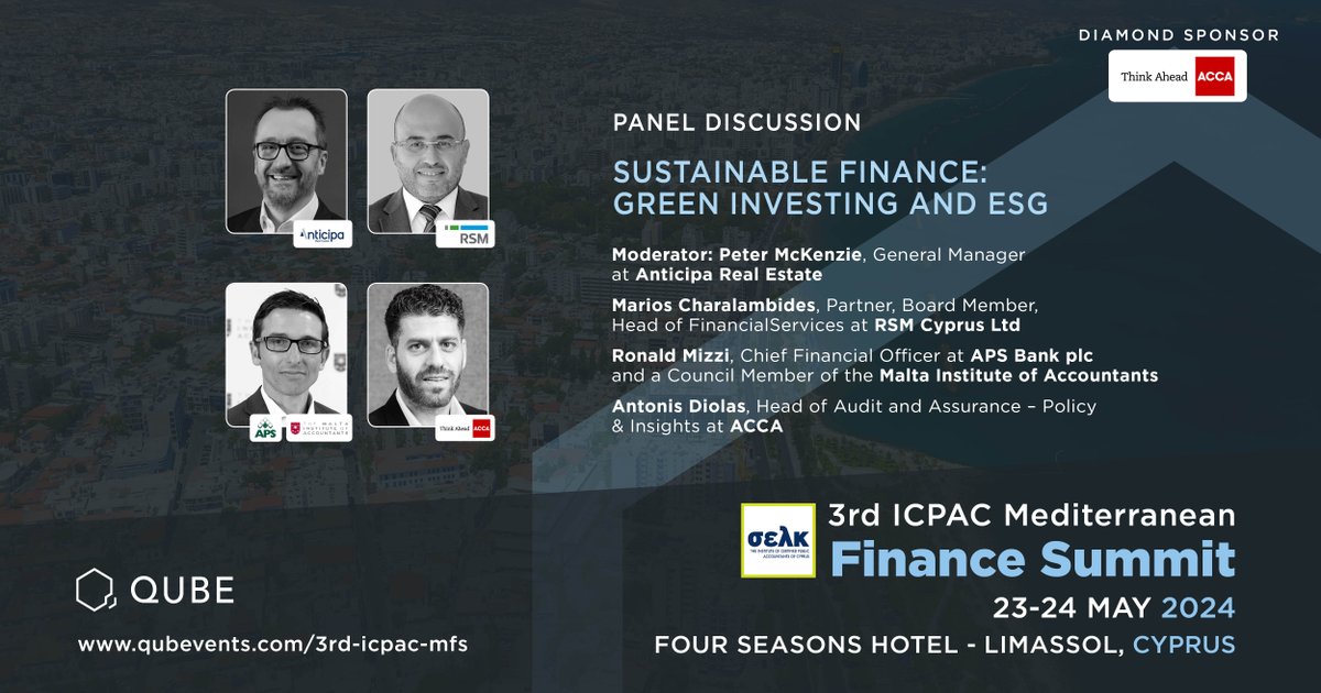 Join us next week at the 3rd #ICPAC Mediterranean #Finance #Summit on May 23-24 at the Four Seasons Hotel in #Limassol. Explore the latest trends with industry leaders through the panel on Sustainable Finance: #GreenInvesting & #ESG! Register now! bit.ly/44rUtGT