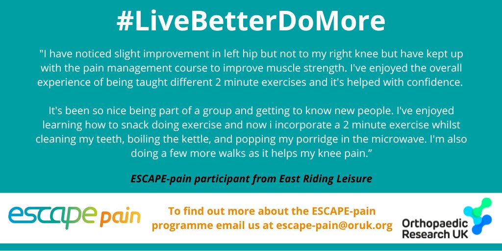 It’s #FeelGoodFriday and nearing the end of #MentalHealthAwarenessWeek, to celebrate, #ESCAPEpain are revisiting some positive participant feedback! It’s fantastic this participant found small #momentsformovement in their day 👏 @mentalhealth @OR_UK