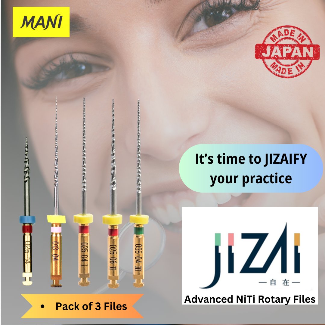 Presenting the Master of Endo- JIZAI 

Simple- Smooth- Safe- Flexible Approach 

💠Pack: Strip of 3 Files

'MANI - THE BEST QUALITY IN THE WORLD, TO THE WORLD'

#MANI #JIZAI #ManiJIZAI #ManiRotaryFiles #RootCanaltreatment #Endodontics #Endodontist #RootCanalSpecialist