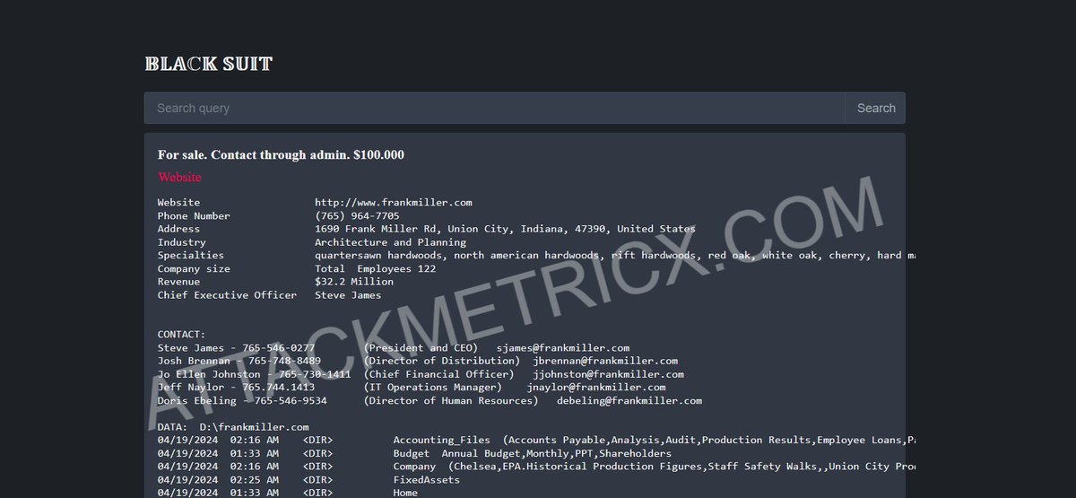 🚨 #Ransomware Alert: The group 'blacksuit' has targeted frankmiller.com.

The incident was discovered on May 17, 2024.

Data publication deadline set by 'blacksuit' Deadline May 17, 2024.

#blacksuit #attackmetricx #cymetricx #darkweb #threatintel #darkmetricx
