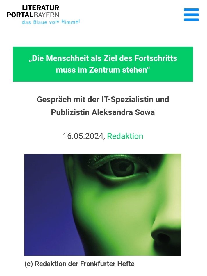 In der Reihe „Die KI und wir“ widmet sich das <a href="/LitPortalBayern/">Literaturportal BAY</a> dem Thema #KI in Form von Gesprächen, Berichten und Rezensionen. Das dritte Gespräch führte Andrea Heuser (u.a. Autorin von Augustas Garten) mit mir ⬇️
literaturportal-bayern.de/journal?task=l…