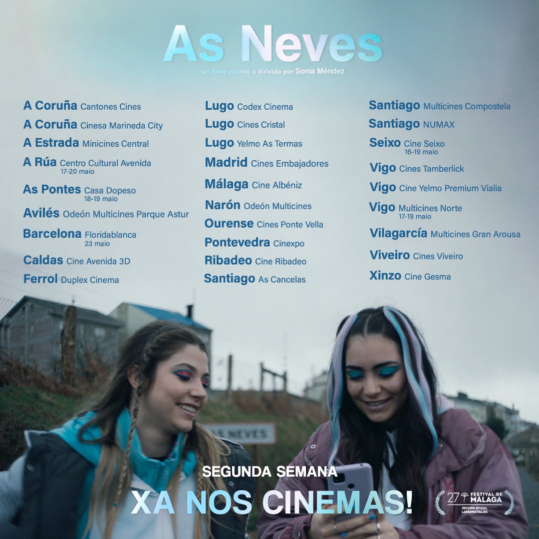 Ola! Logo de ser o segundo fime máis visto en Galicia imos a pola segunda semana en cinemas. Aquí tes o listado de salas. Aínda non visitaches AS NEVES? Se xa a viches e che gustou… válese recomendar! ❄️❄️❄️