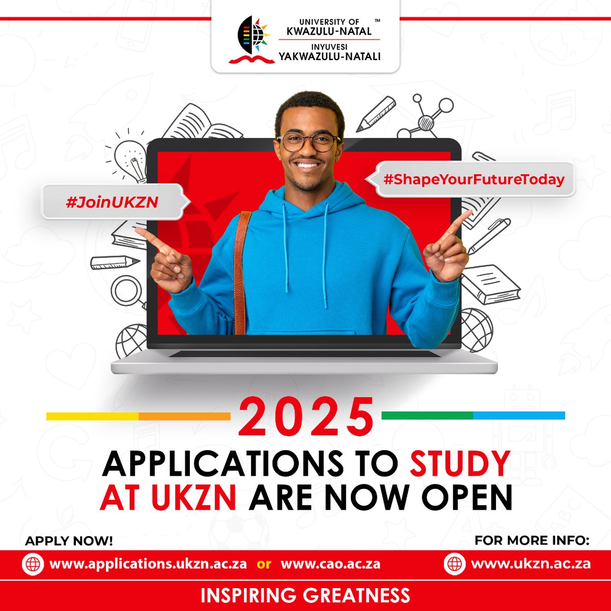 Unlock your potential at UKZN! 2025 applications are now OPEN📚  Join a vibrant academic community dedicated to excellence. Start your journey with us today! #JoinUKZN #UKZN  #ShapeYourFutureToday #StudyAtUKZN #InspiringGreatness #Inspired2032