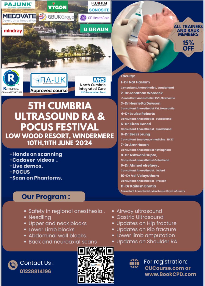Only three weeks left until the Cumbria Ultrasound course! We're incredibly grateful for the amazing support from @RegionalAnaesUK and our sponsors, without whom this event wouldn't be possible.
@vygonuk @medovate @PajunkUK @BBraunUK @GBUK_Group @SonositeEurope @GEHealthCare