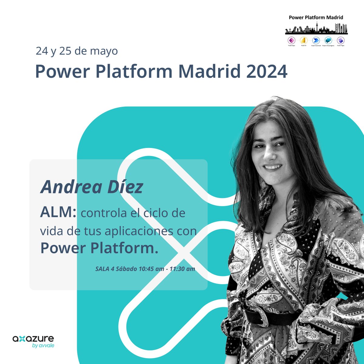 El 24 y 25 de mayo es el #PowerPlatformMadrid2024 con talleres, y charlas.
Nuestra compañera Andrea Díez Barroso estará el 25/05 enseñando como implementar ALM en #PowerPlatform desde el portal de #PowerApps y una comparación con la funcionalidad que nos ofrece #Devops.