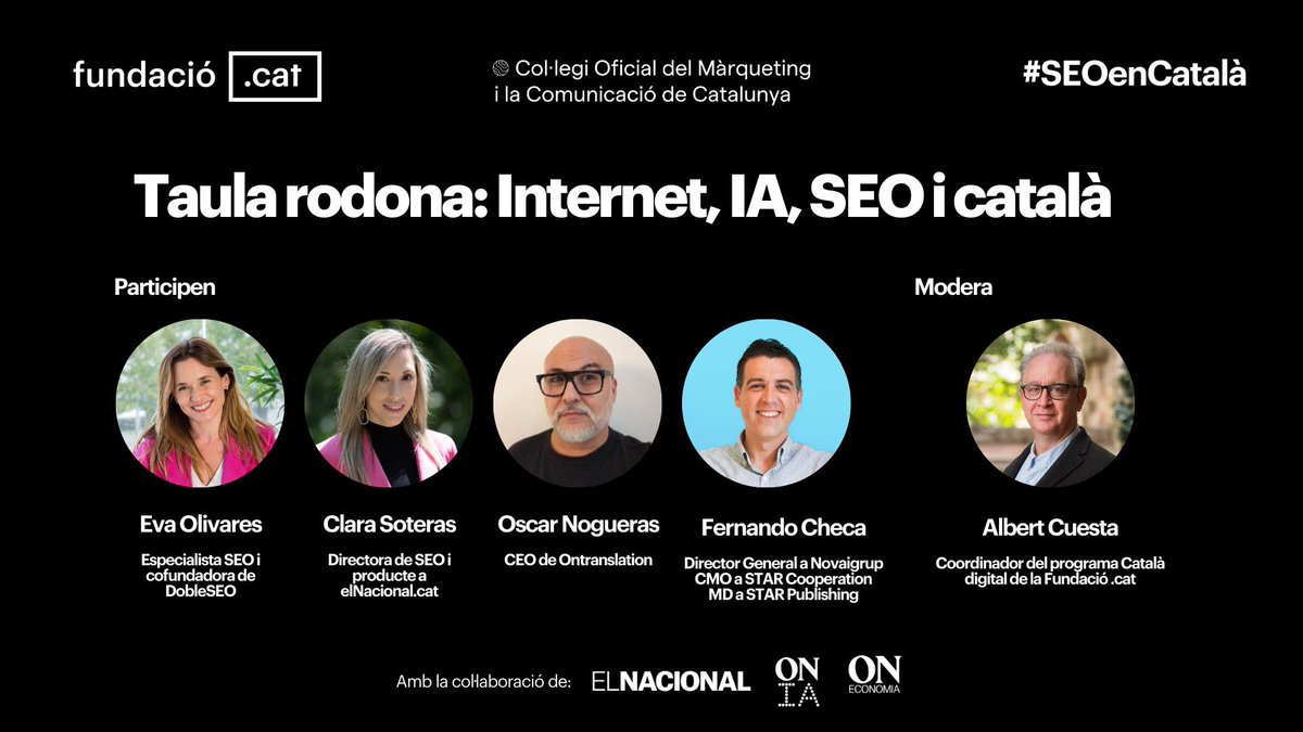Avui amb motiu del Dia d’Internet parlem una mica d’IA, SEO i català a la taula rodona organitzada per @puntCAT i moderada per @albertcuesta. En parlem amb @EvaOlivaresb, @ClaraSoteras, @oscarnogueras i @FernandoChecaNu. 🔴 En directe 👉elnacional.cat/ca/societat/di… #SEOencatalà