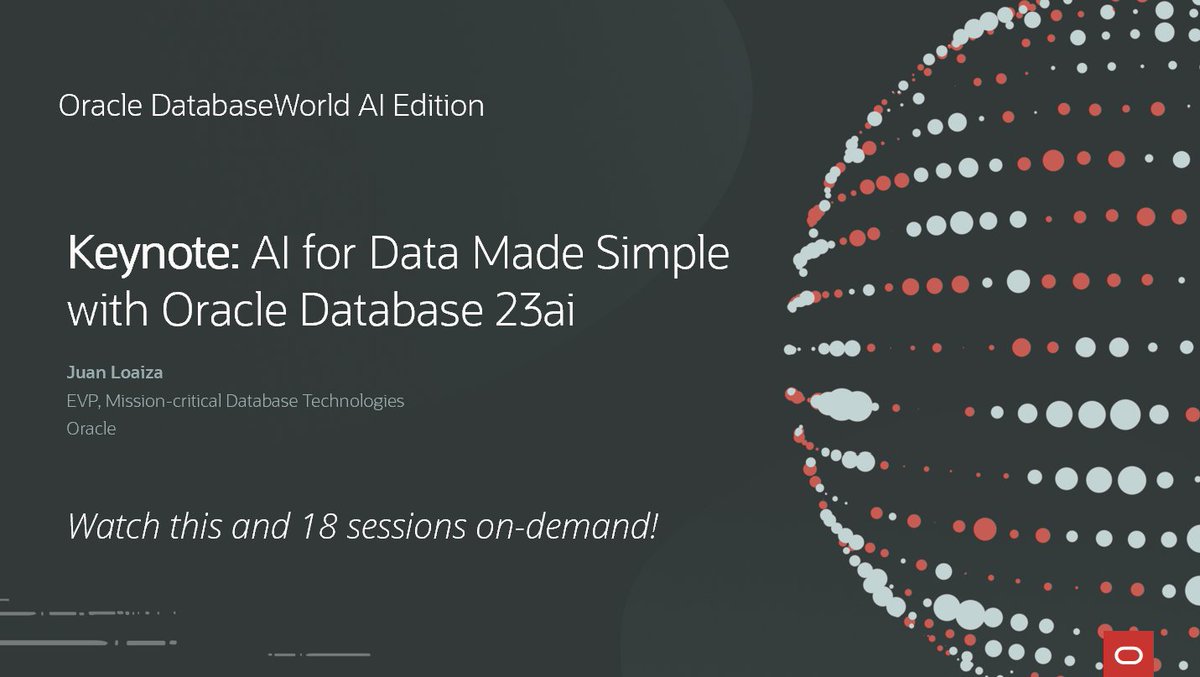 Have you seen Juan Loaiza's keynote from OracleDatabase World: AI Edition? 

Watch the replay & access the repository with the latest AI, developer-centric, & mission-critical innovations across Oracle Database 23ai, Autonomous Database & Exadata Cloud. 👉 social.ora.cl/6017dnJxX