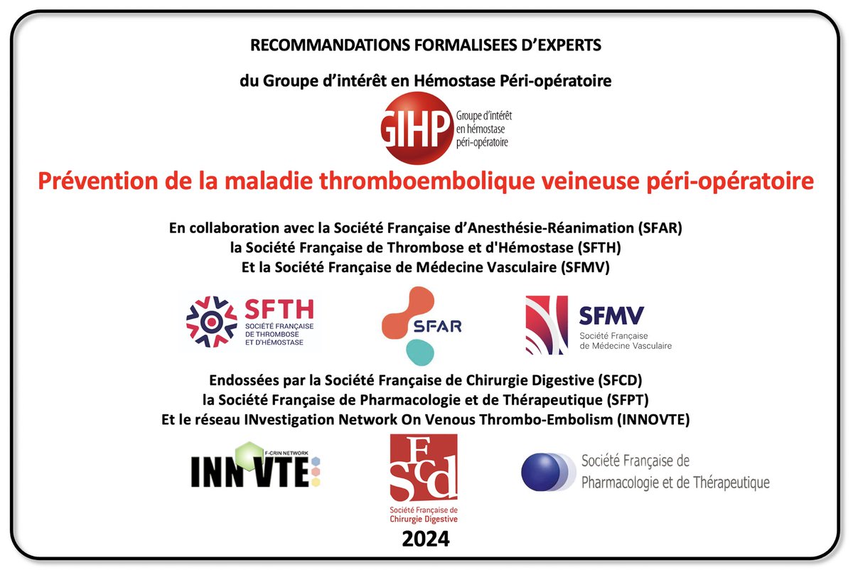 📣Les RFE « Prévention de la maladie thromboembolique veineuse péri-opératoire » que nous avons coordonnées, en collaboration avec la @SFAR_ORG, la @SFTHemostase et @lasfmv et endossées par la @sfcd la @SFPT_fr et @INNOVTE1 sont en ligne. 🔗A lire sur GIHP.ORG