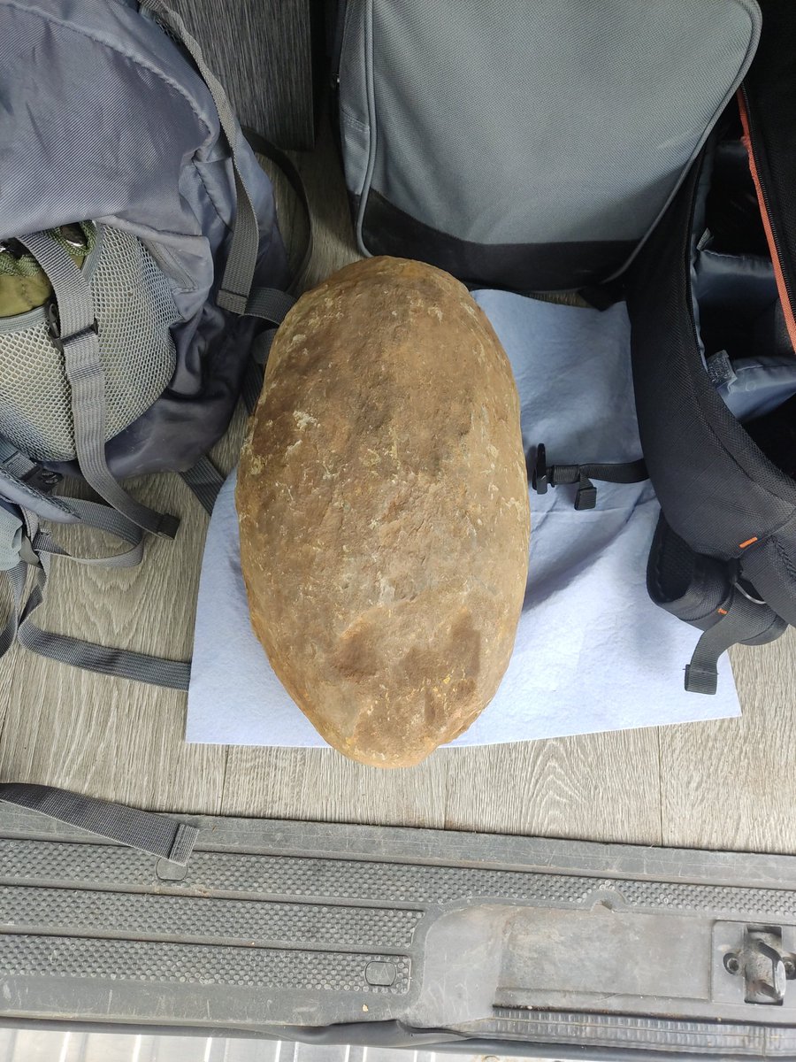 Ayer me encontré esto en un cortafuegos bien enterrado entre pizarras. Pesa unos 25kg, mide unos 40cm de largo. Algún geólogo o gemólogo con idea de qué se puede tratar? Un par de personas me dicen que es una geoda..