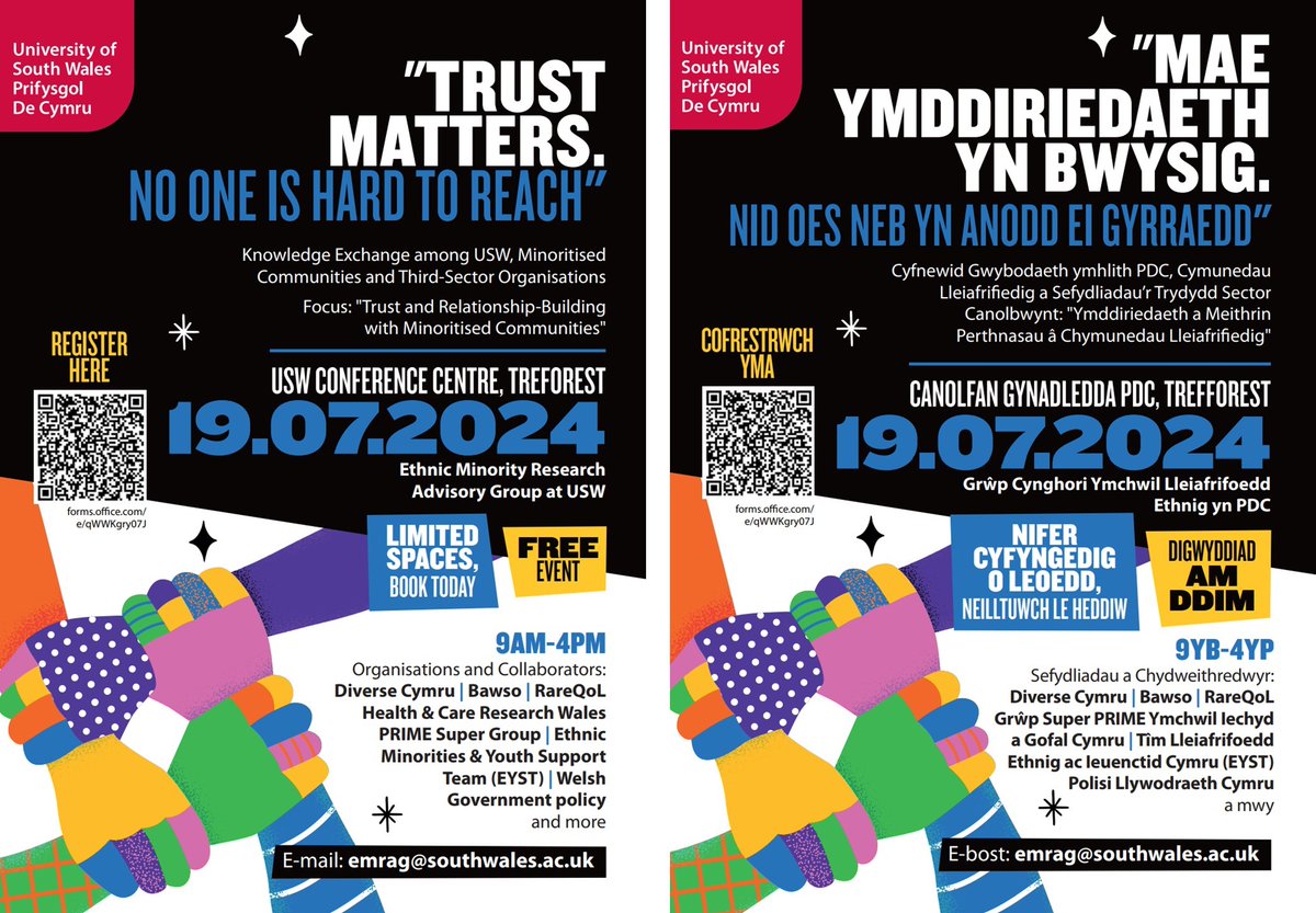 🌟 Exciting News! 🌟 📢 We're thrilled to announce the 'Trust Matters. No One is Hard To Reach' conference hosted by the Ethnic Minority Research Advisory Groups @UniSouthWales / @De_Cymru 🗓️ July 19 2024 🏢 USW Conference Centre, Treforest Register: forms.office.com/pages/response…