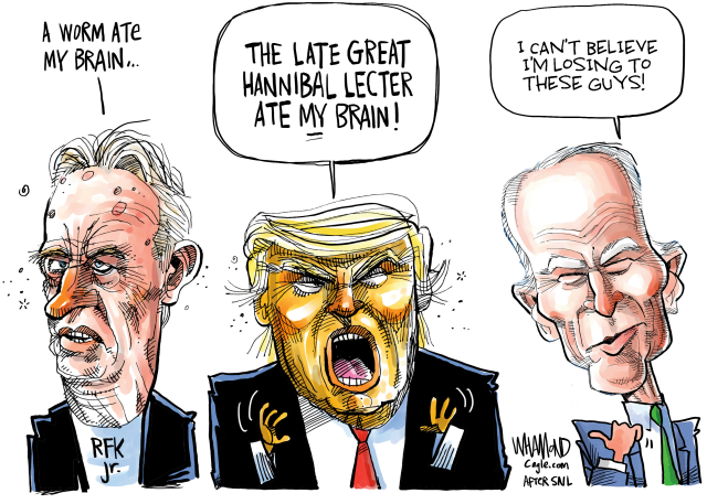 RF Kennedy: 'Un verme mi ha mangiato il cervello.'
Trump: 'Il defunto grande Hannibal Lecter mi ha mangiato il cervello!'
Biden: 'Non ci posso credere che sto perdendo contro questi qui!'
#RFKBrainWorm
#HannibalLecter
#scritturebrevi